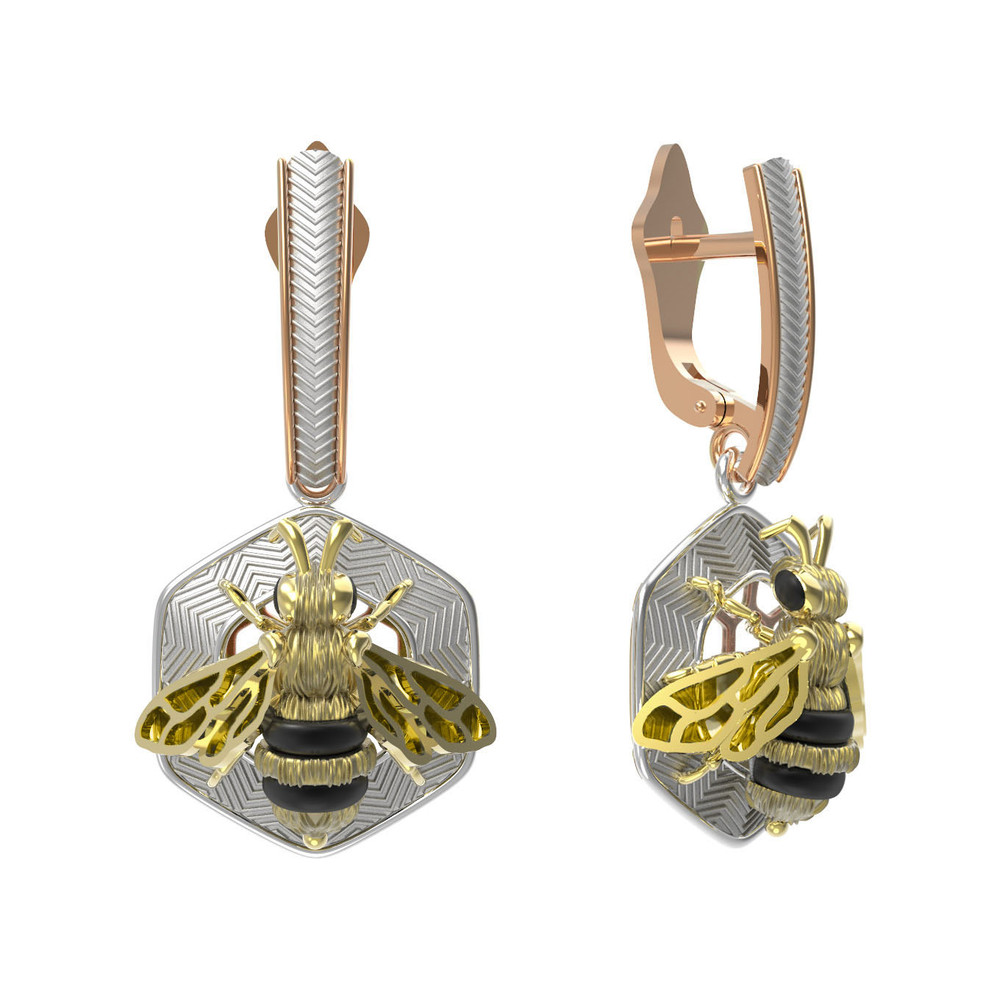 Серьги из золота c эмаль , ониксом и эмалью