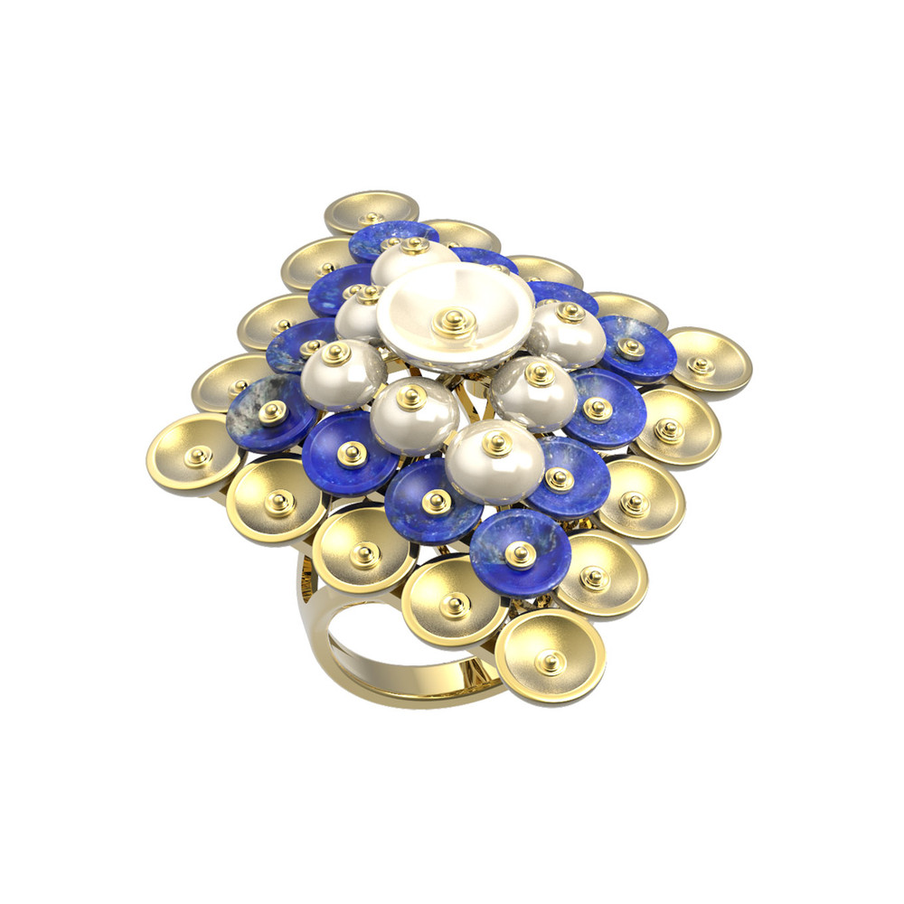 Кольцо из лимонного золота c лазуритом и перламутром