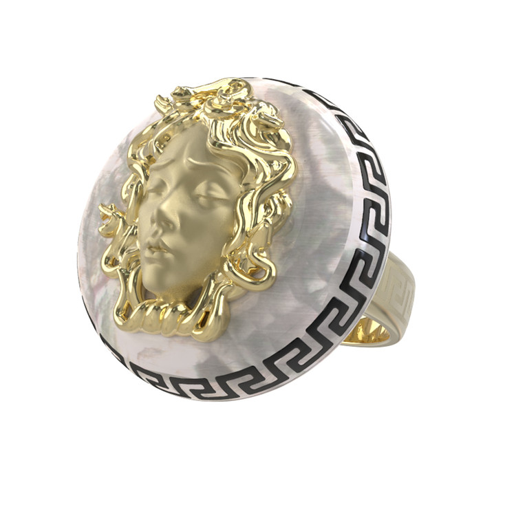 Кольцо из лимонного золота c эмаль и перламутром