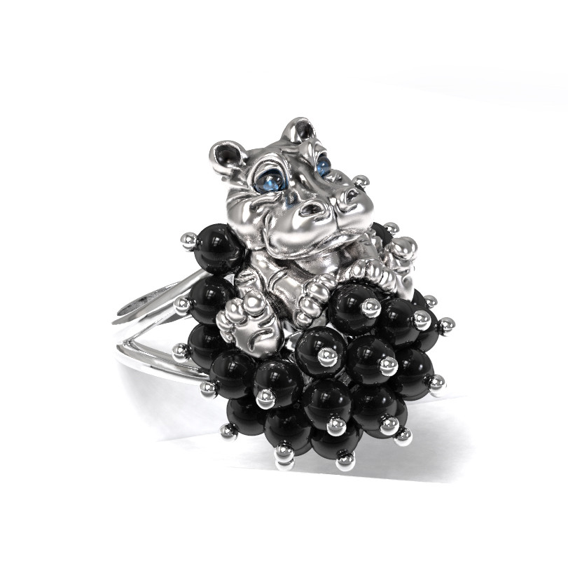 Кольцо из белого золота c эмалью и ониксом