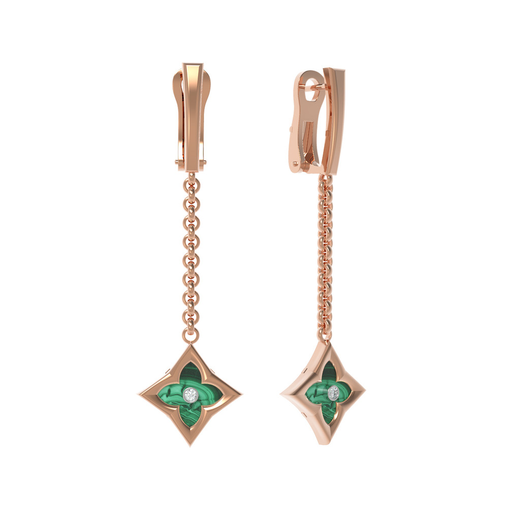 Серьги из золота c бриллиантами и малахитом