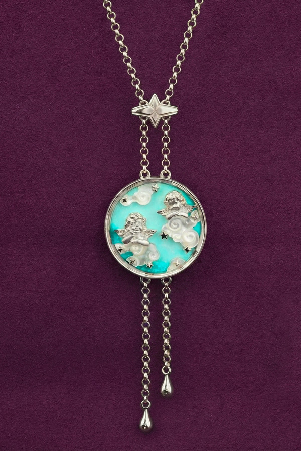 Колье из белого золота c бирюзой и перламутром