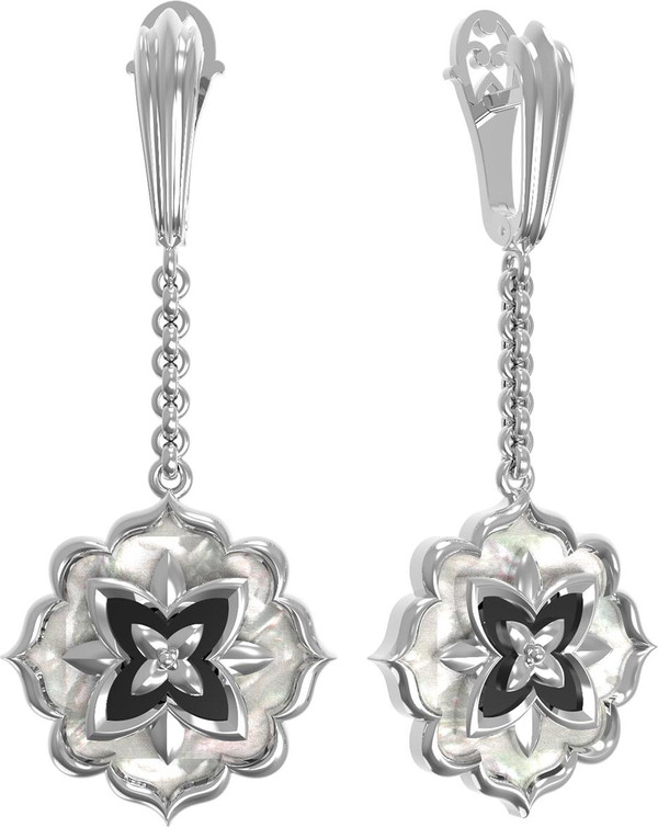 Серьги из белого золота c ониксом и перламутром