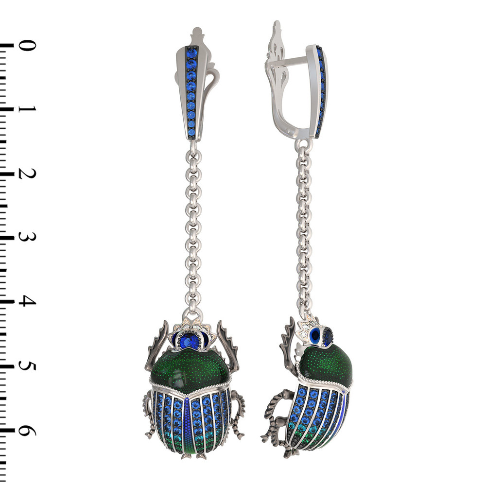 Серьги из белого золота c эмаль , фианитом и сапфиром