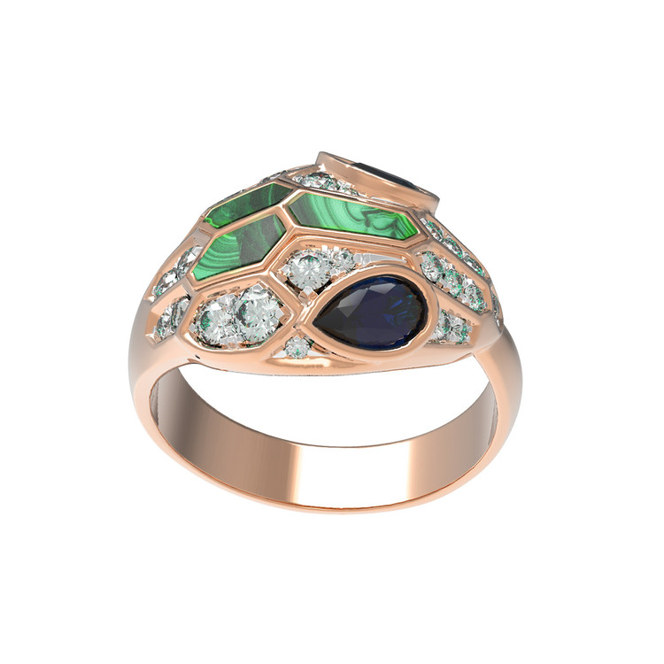 Кольцо из золота c бриллиантами, сапфиром и малахитом