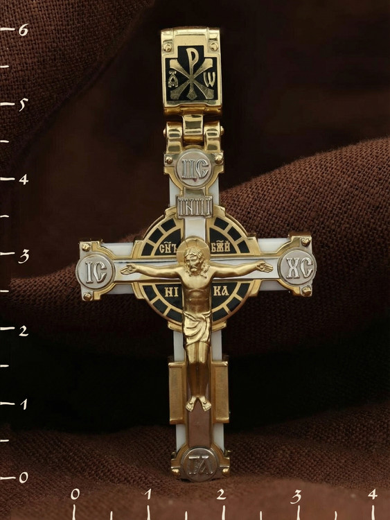 Крест из лимонного золота c эмалью и бивнем мамонта