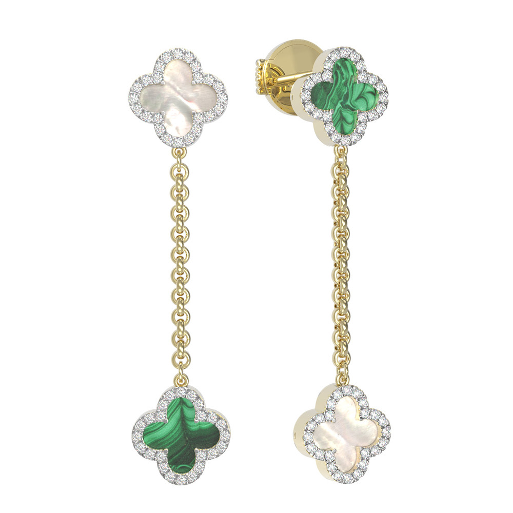 Серьги из лимонного золота c бриллиантами, малахитом и перламутром